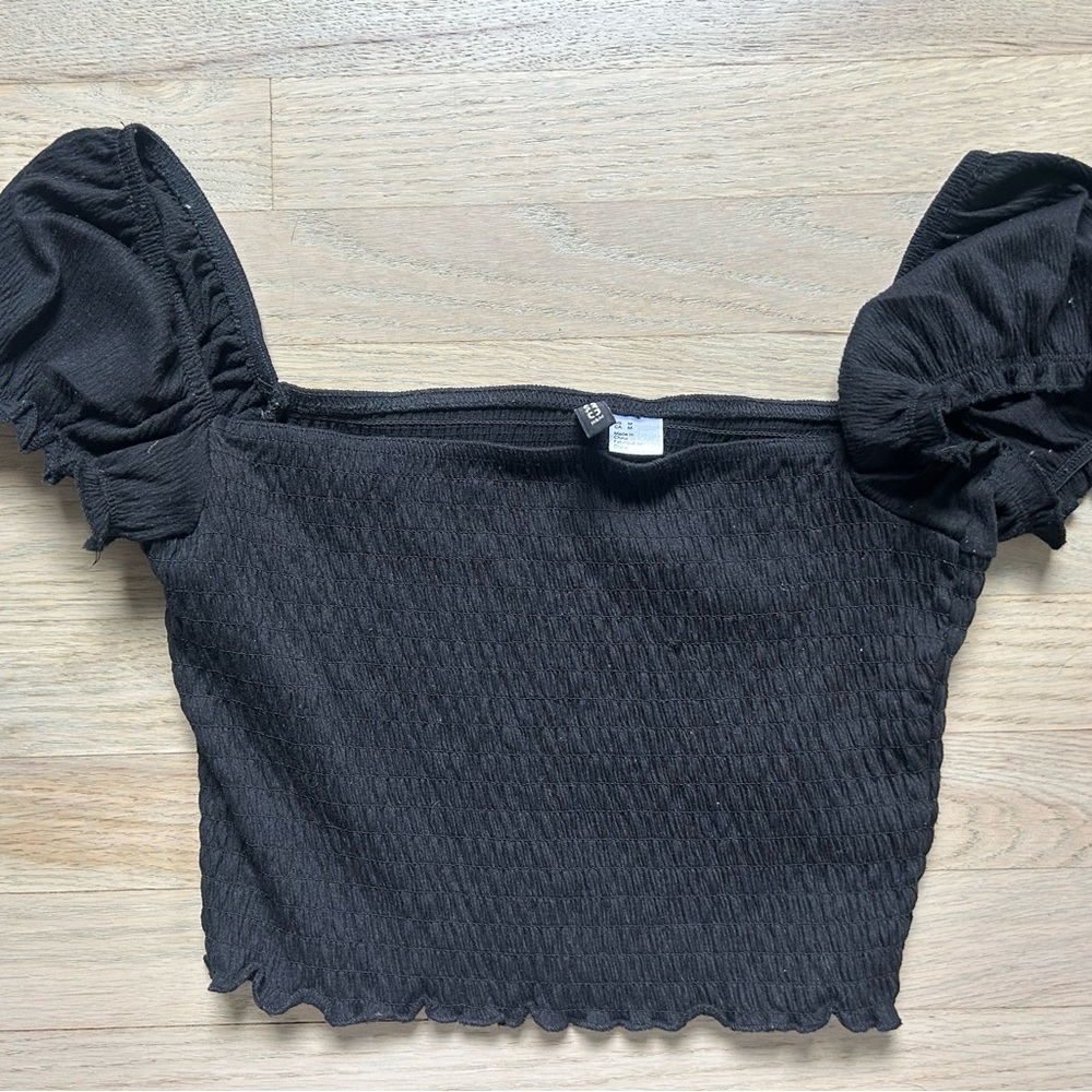 H&M Black Puff Sleeve Smocked Crop Blouse
